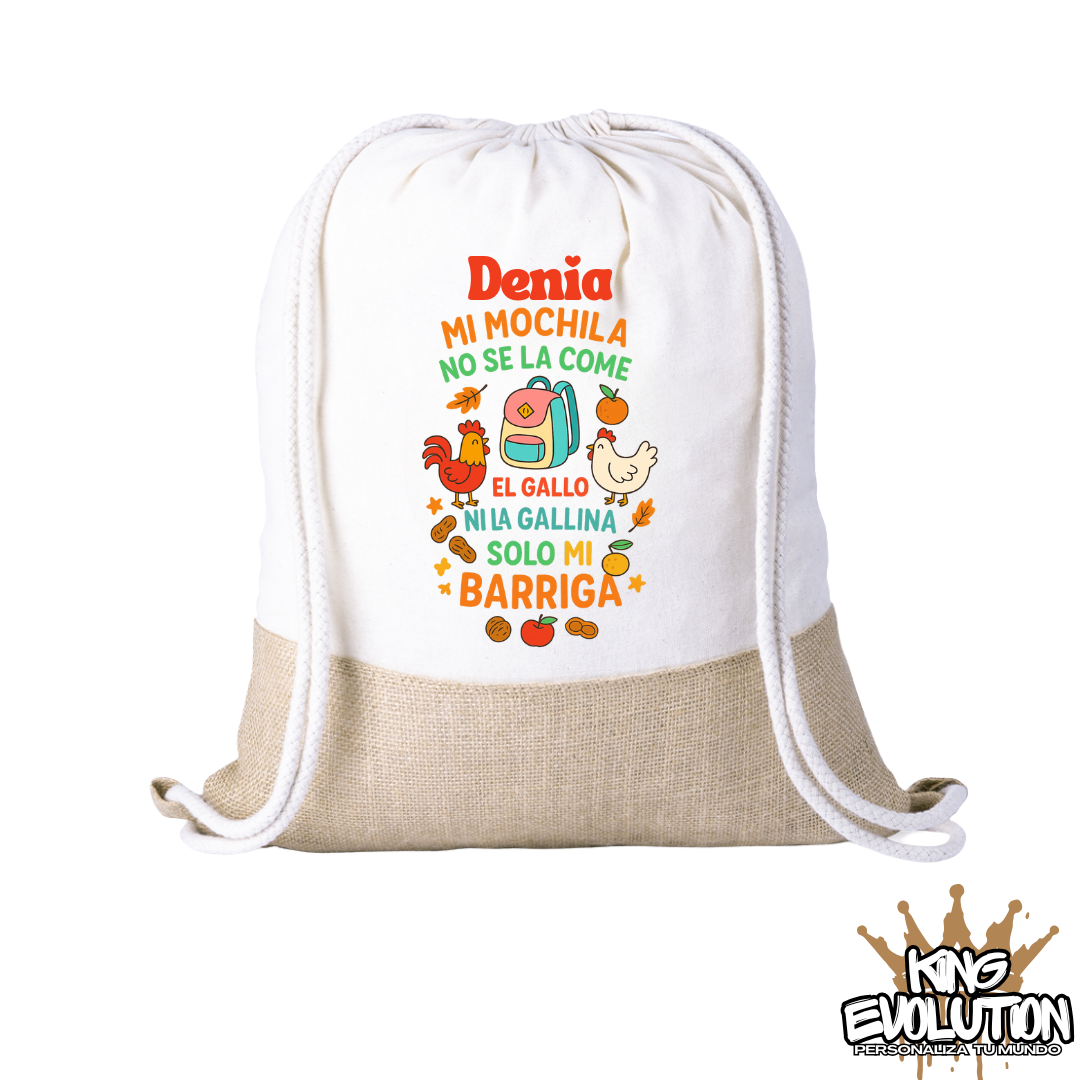 MOCHILA DE  TELA/YUTE PERSONALIZADA DÍA DE LA MOCHILA