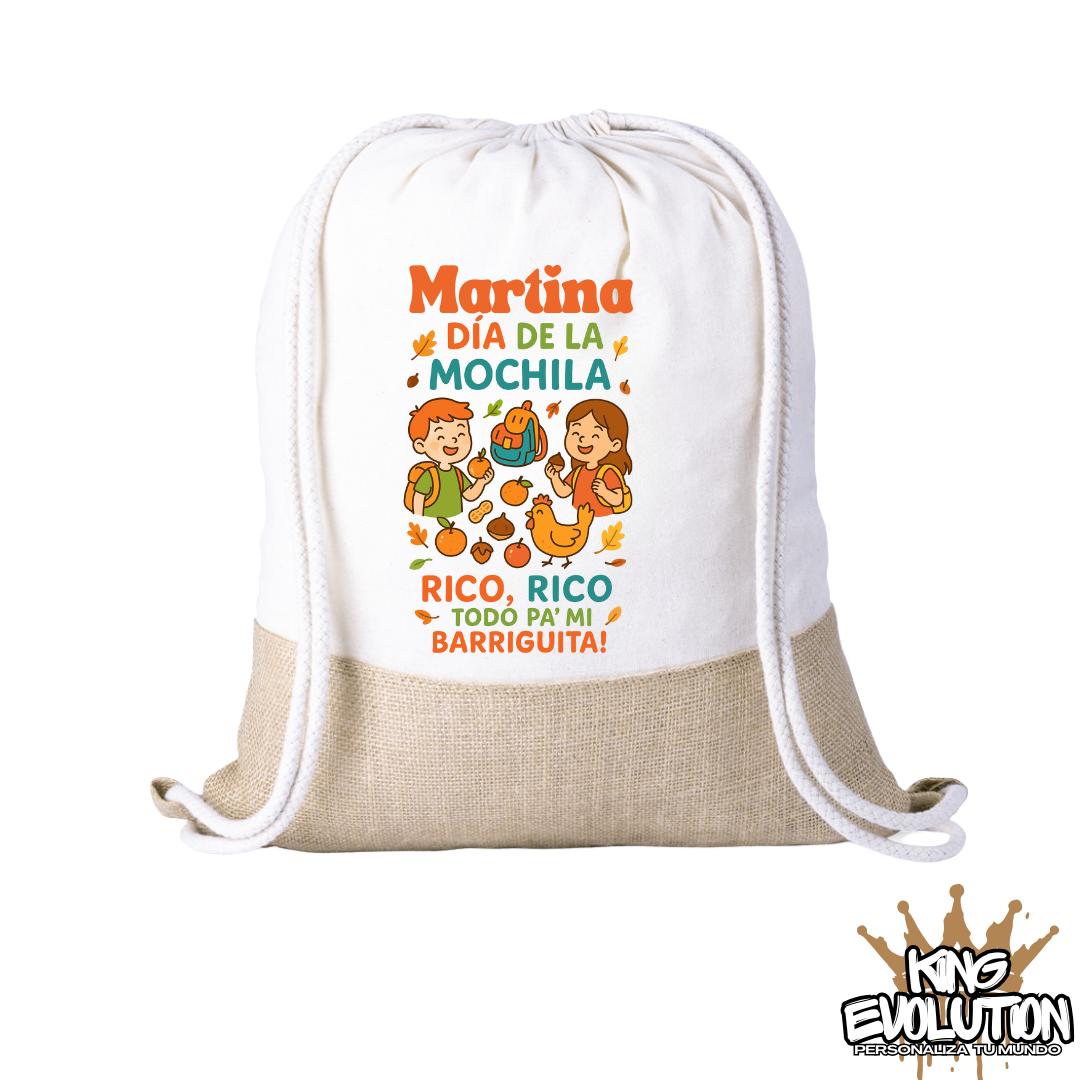 MOCHILA DE  TELA/YUTE PERSONALIZADA DÍA DE LA MOCHILA