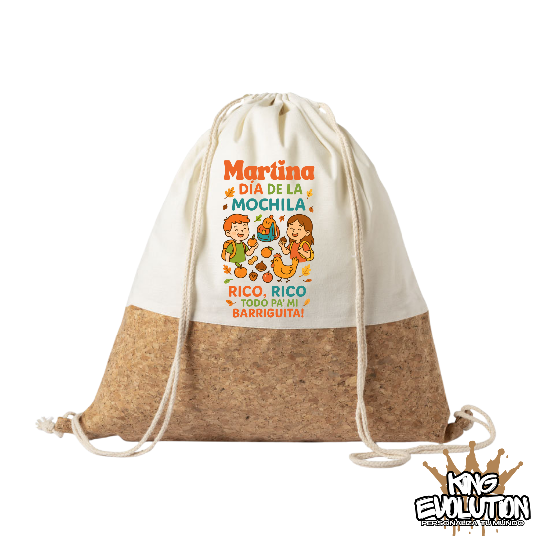 MOCHILA DE  TELA/CORCHO PERSONALIZADA DÍA DE LA MOCHILA